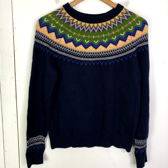 ModCloth Sweater Womens L Fair Isle Colorful Striping Winter Pullover Navy - Picture 1 of 8